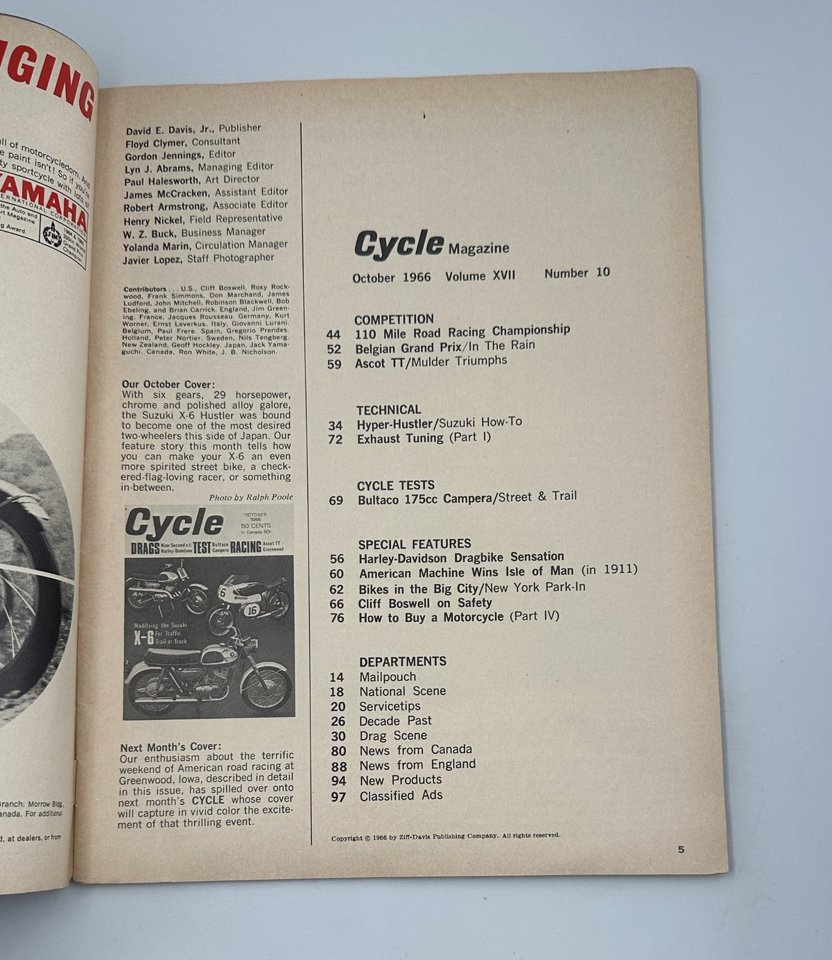 Interior page of Cycle Magazine, October 1966, displaying the Table of Contents with articles on racing championships, technical features, and special motorcycle highlights.