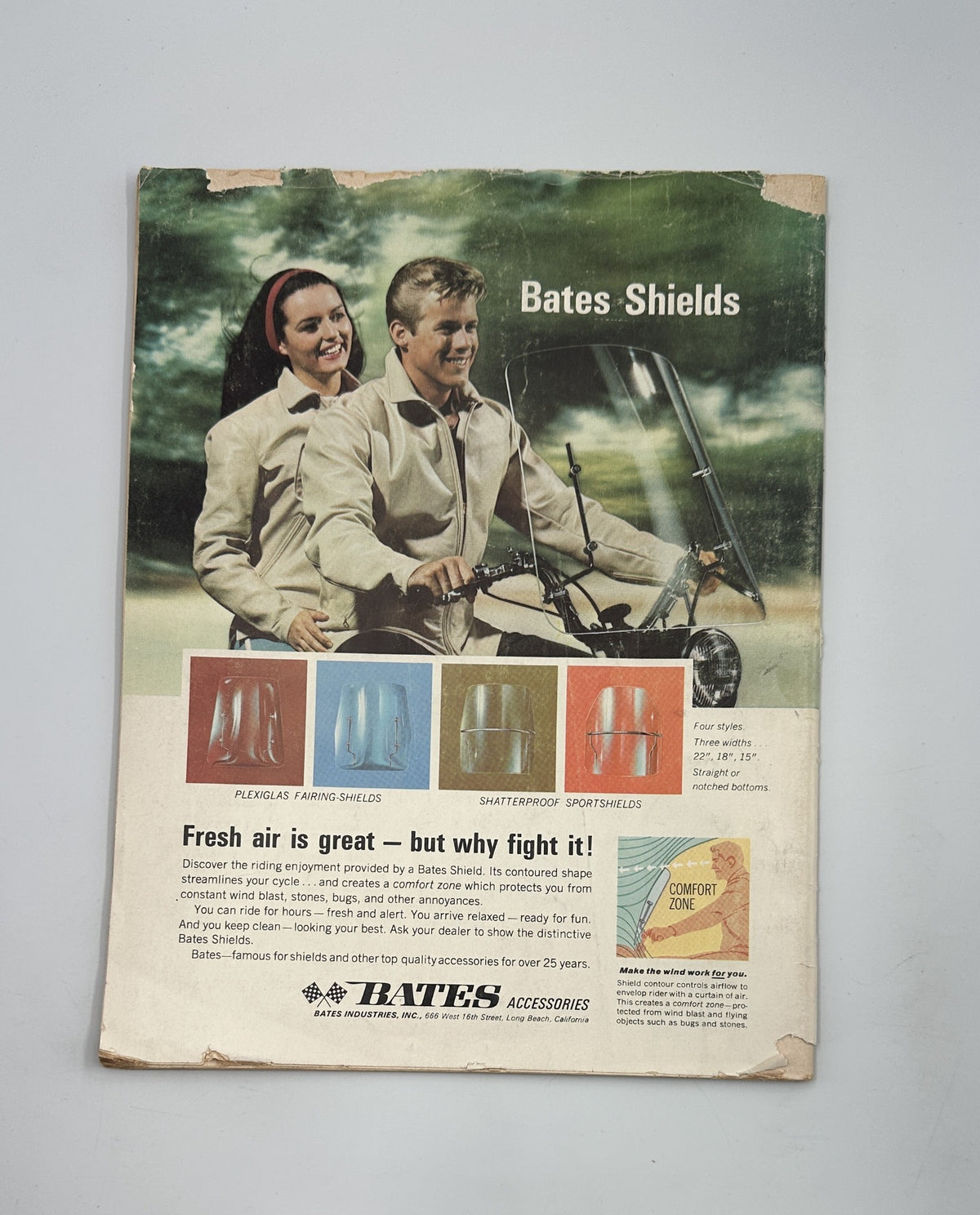 Back cover of Cycle Magazine, October 1966 displaying an advertisement for Bates Shields motorcycle accessories, featuring couples enjoying fresh air while riding.
