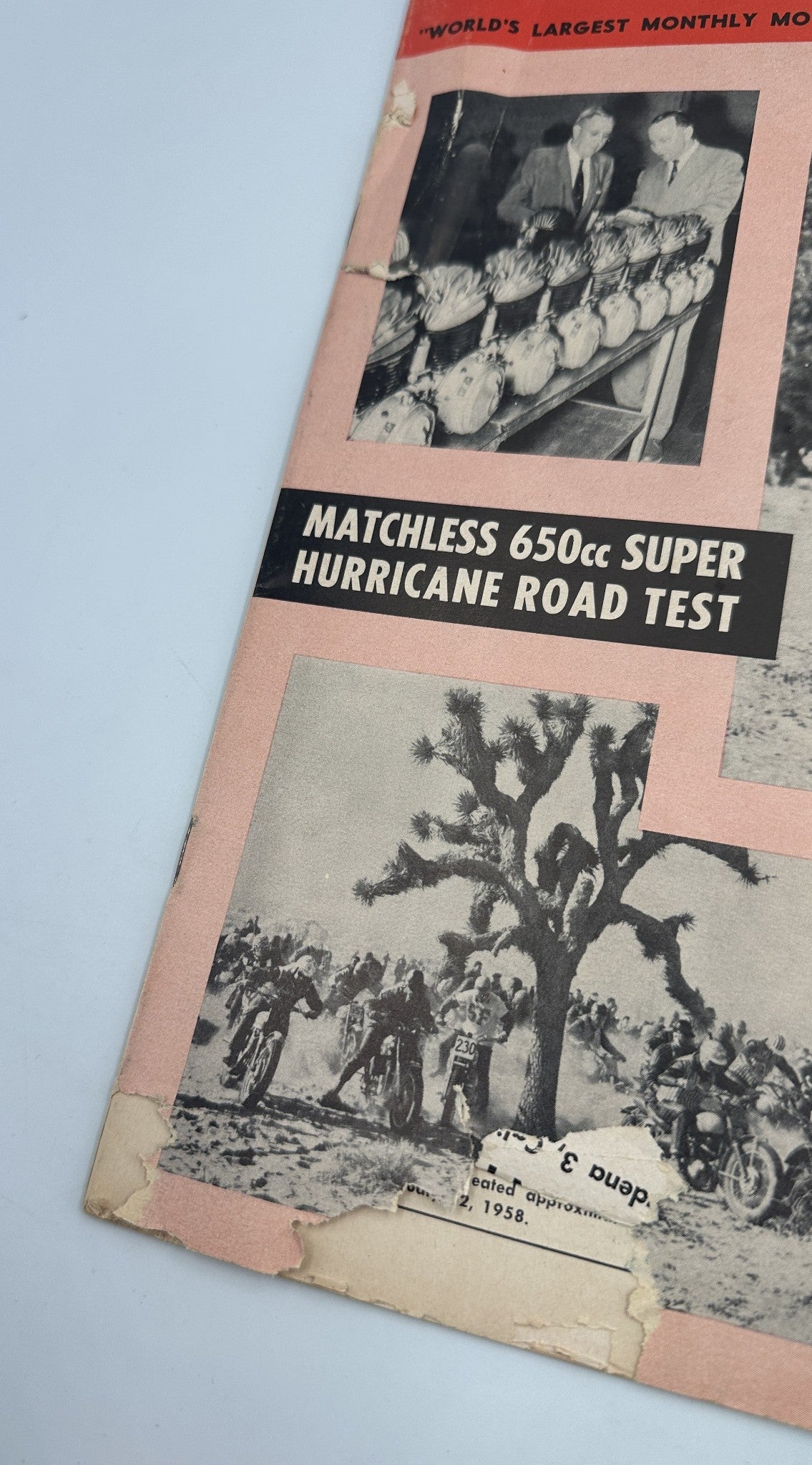 Cover of Cycle Magazine January 1958 featuring Matchless 650cc Super Hurricane Road Test with images of motorcycle enthusiasts at a Death Valley motorcycle event.
