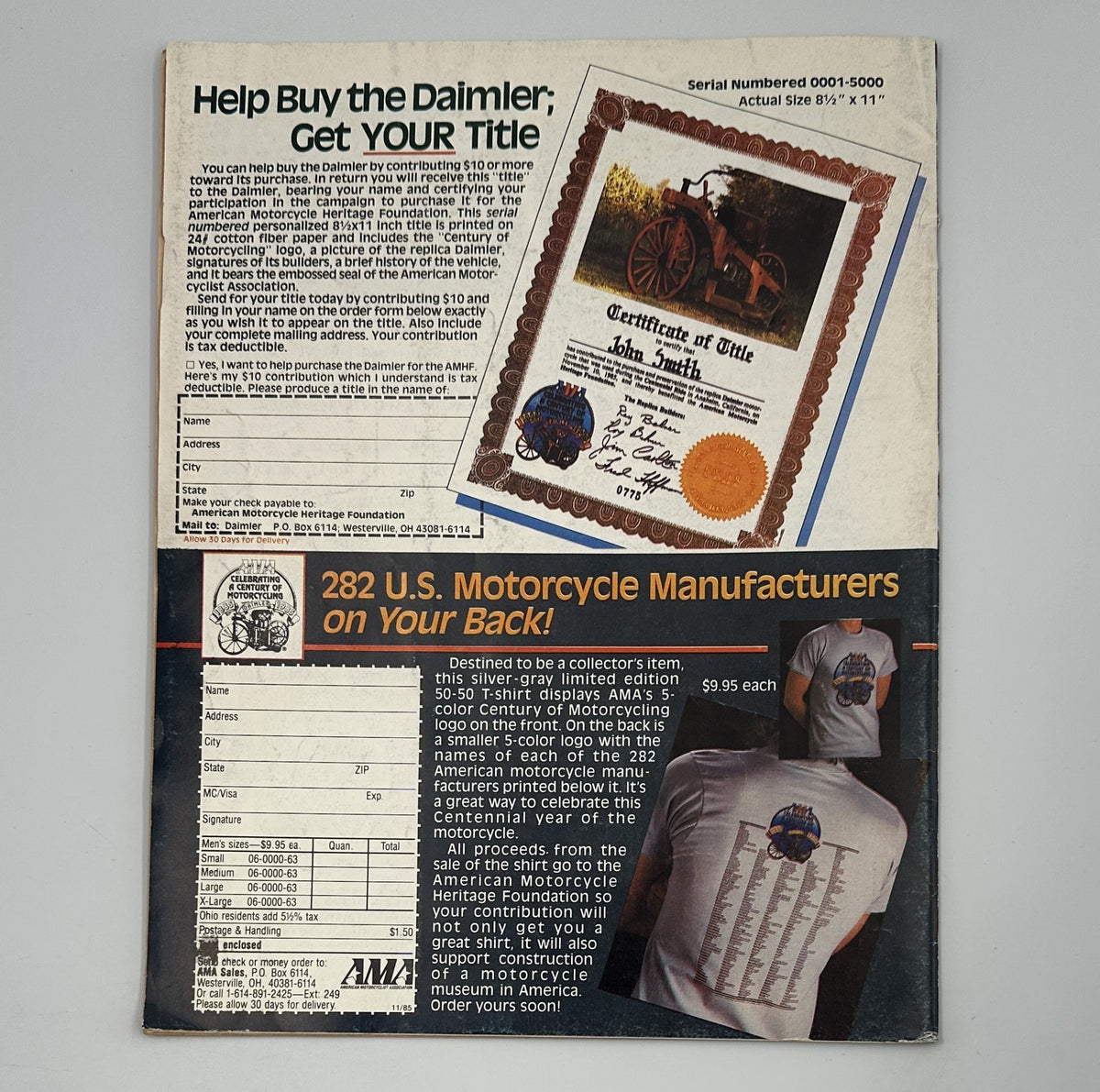 Back cover of Old Time Cycles Magazine April 1986, featuring an advertisement and a certificate related to motorcycle history.