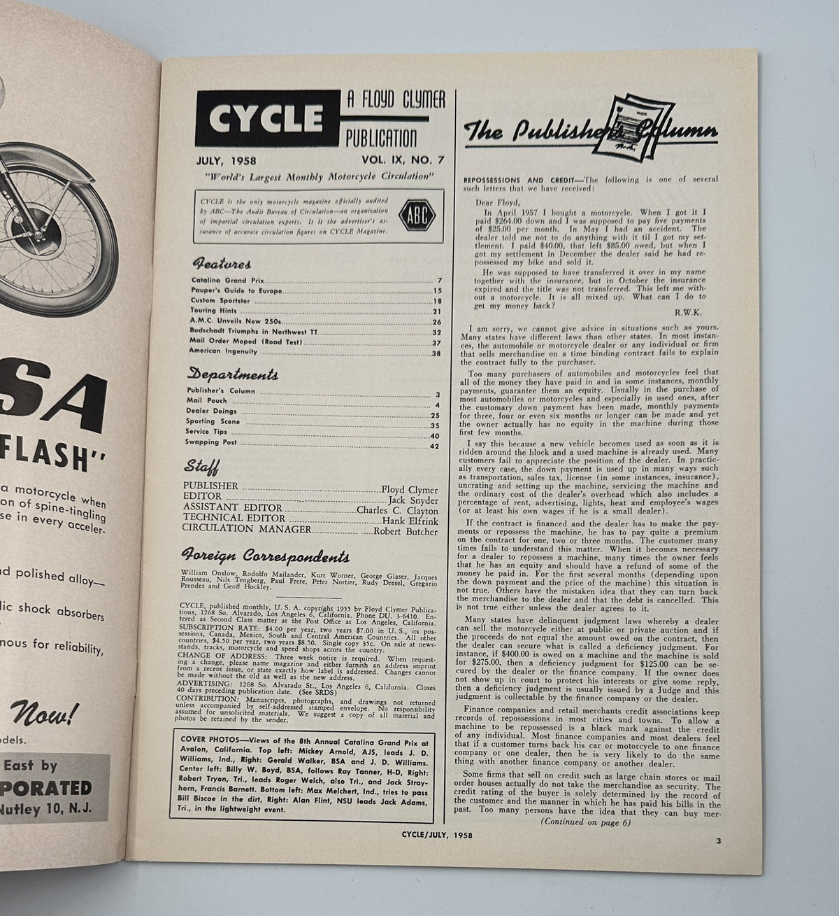 Inside page of Cycle Magazine July 1958 showcasing the publication details and a publisher's column. The page exhibits vintage motorcycle themes and layout typical of mid-20th century motorcycling publications.