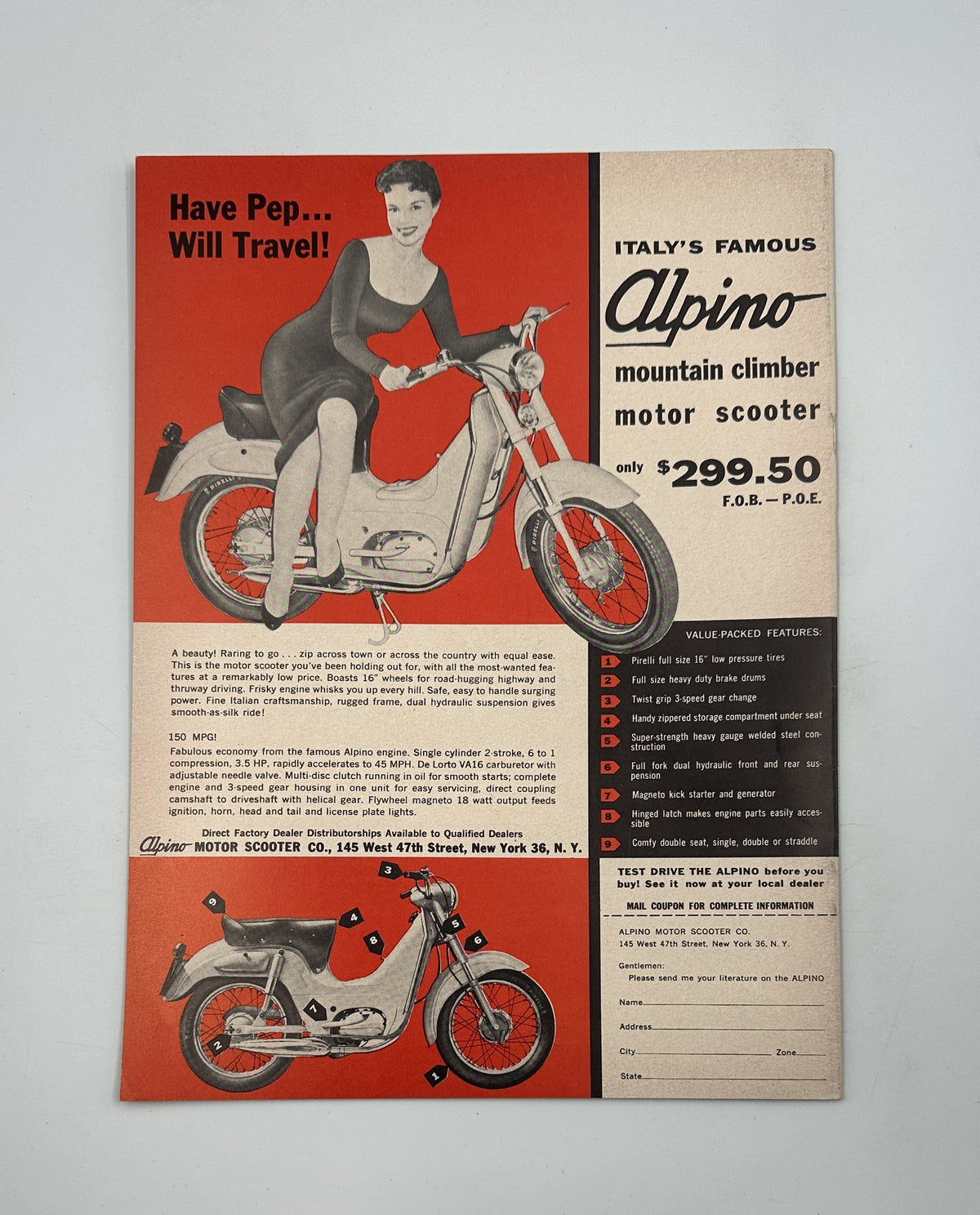 Ad for the Alpino mountain climber motor scooter featured in Cycle Magazine July 1958, promoting a retro design with price details. This advertisement highlights the scooter's distinctive features and is aimed at motor enthusiasts.