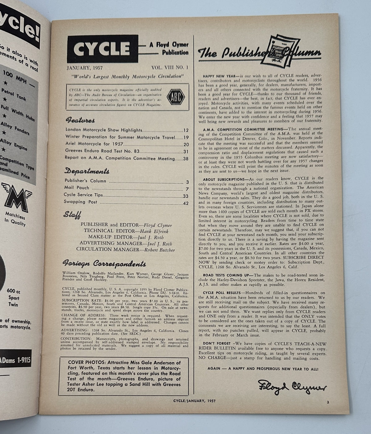 Inside page of Cycle Magazine January 1957, detailing features and departments including London Motorcycle Show Highlights and A.M.A. Competition Committee Meeting.