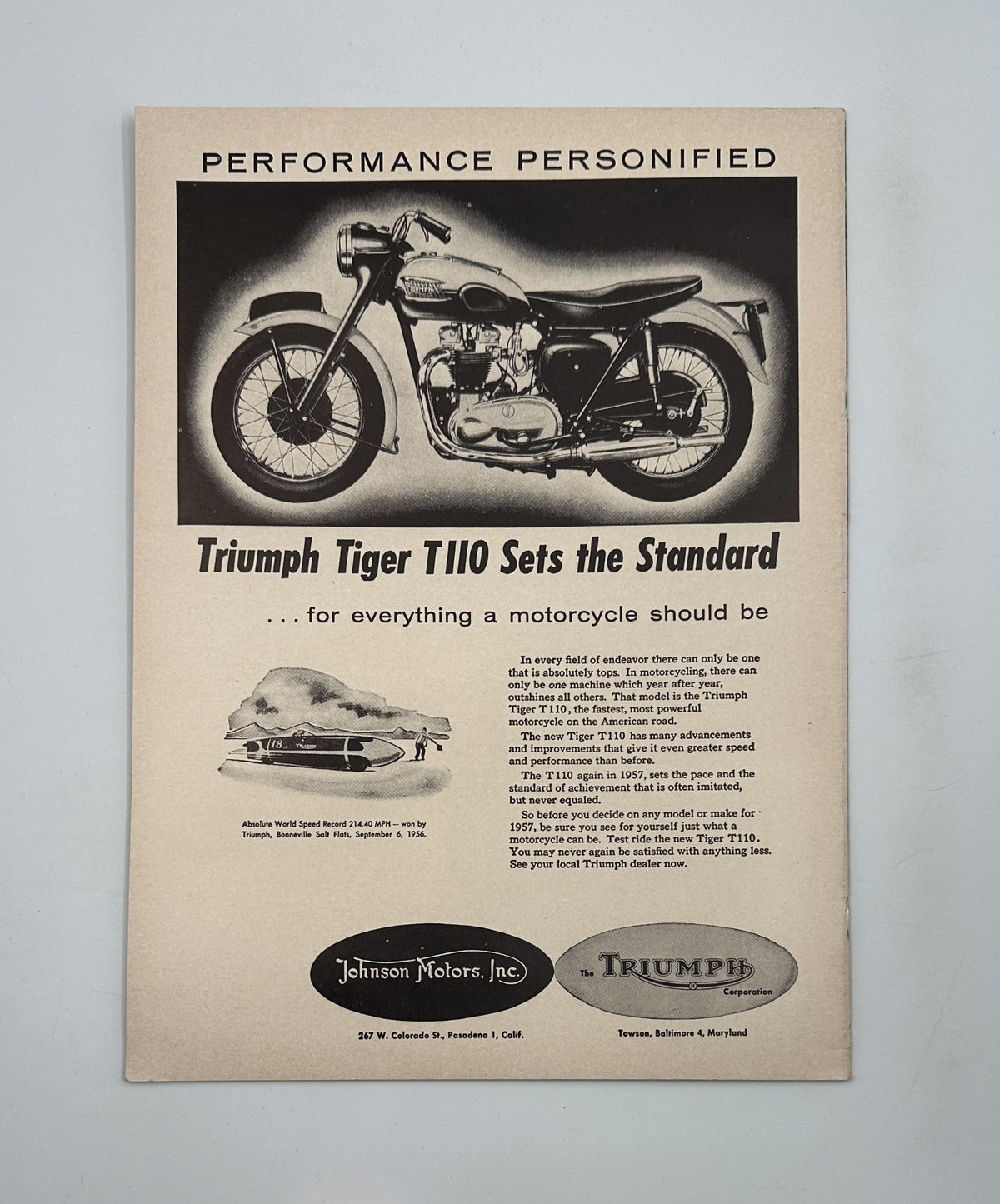 Vintage advertisement for Triumph Tiger T110 motorcycle, titled 'Cycle Magazine January 1957 Greeves Enduro Road Test A.M.A. Report VG'. This promotional image highlights the motorcycle's performance and features, showcasing the Triumph Tiger T110 model.
