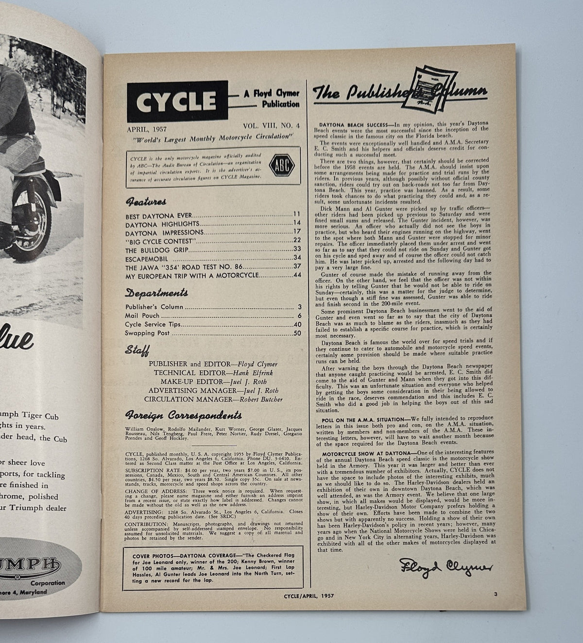 Cycle Magazine April 1957, featuring Daytona Races coverage, editorials, and motorcycle reviews. The page displays the magazine's Table of Contents listing key articles.