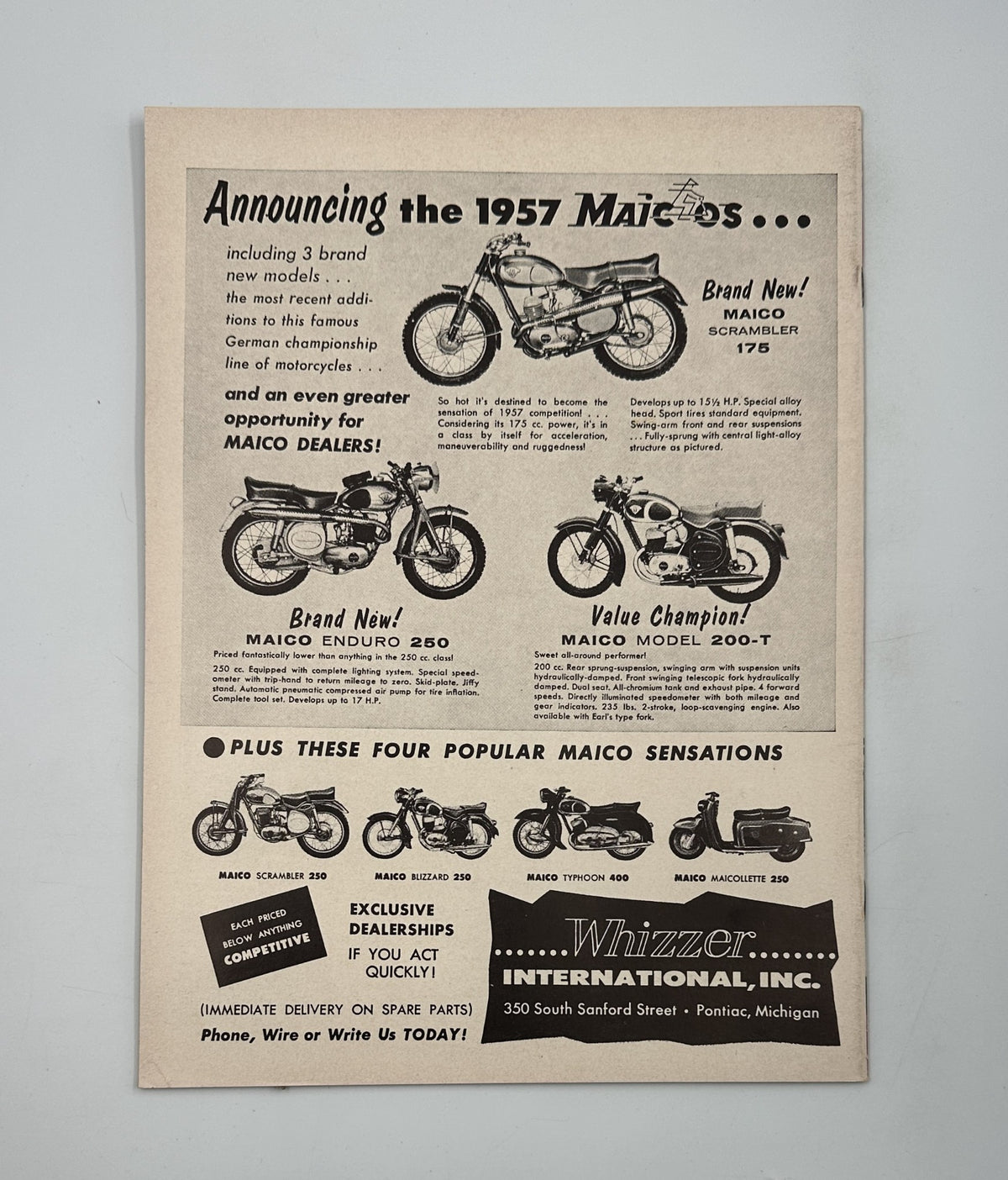 Cycle Magazine April 1957 advertisement for Maico motorcycles, showcasing models including Maico 250 and Maico 200-T, promoting their features and benefits.
