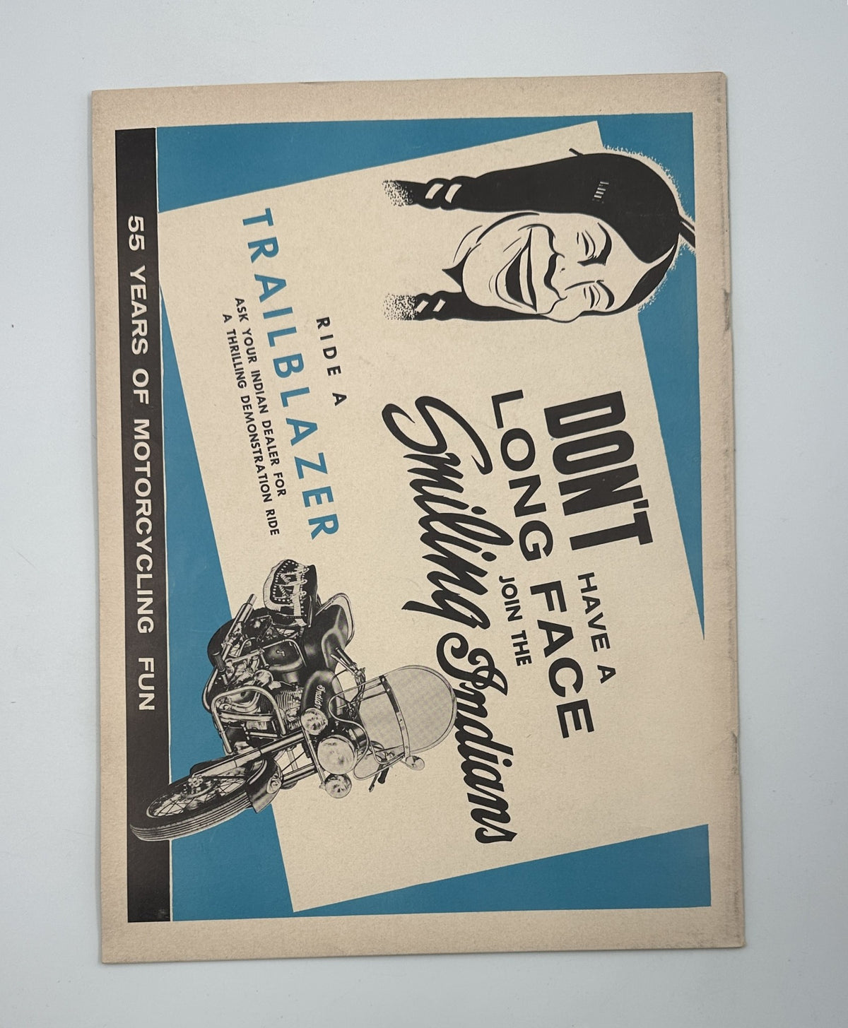 Promotional material from Cycle Magazine July 1956 emphasizing the joys of motorcycling, with a design featuring a smiling rider and a motorcycle.