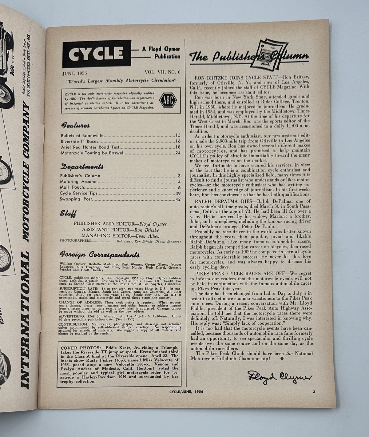 Inside page from Cycle Magazine June 1956 detailing features including Bullets at Bonneville and Publisher's Column, highlighting motorcycle topics of the time.