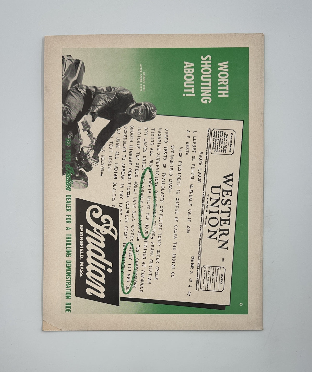 Advertisement in Cycle Magazine June 1956 promoting Indian motorcycles with the headline 'WORTH SHOUTING ABOUT!', exemplifying mid-century motorcycle culture.
