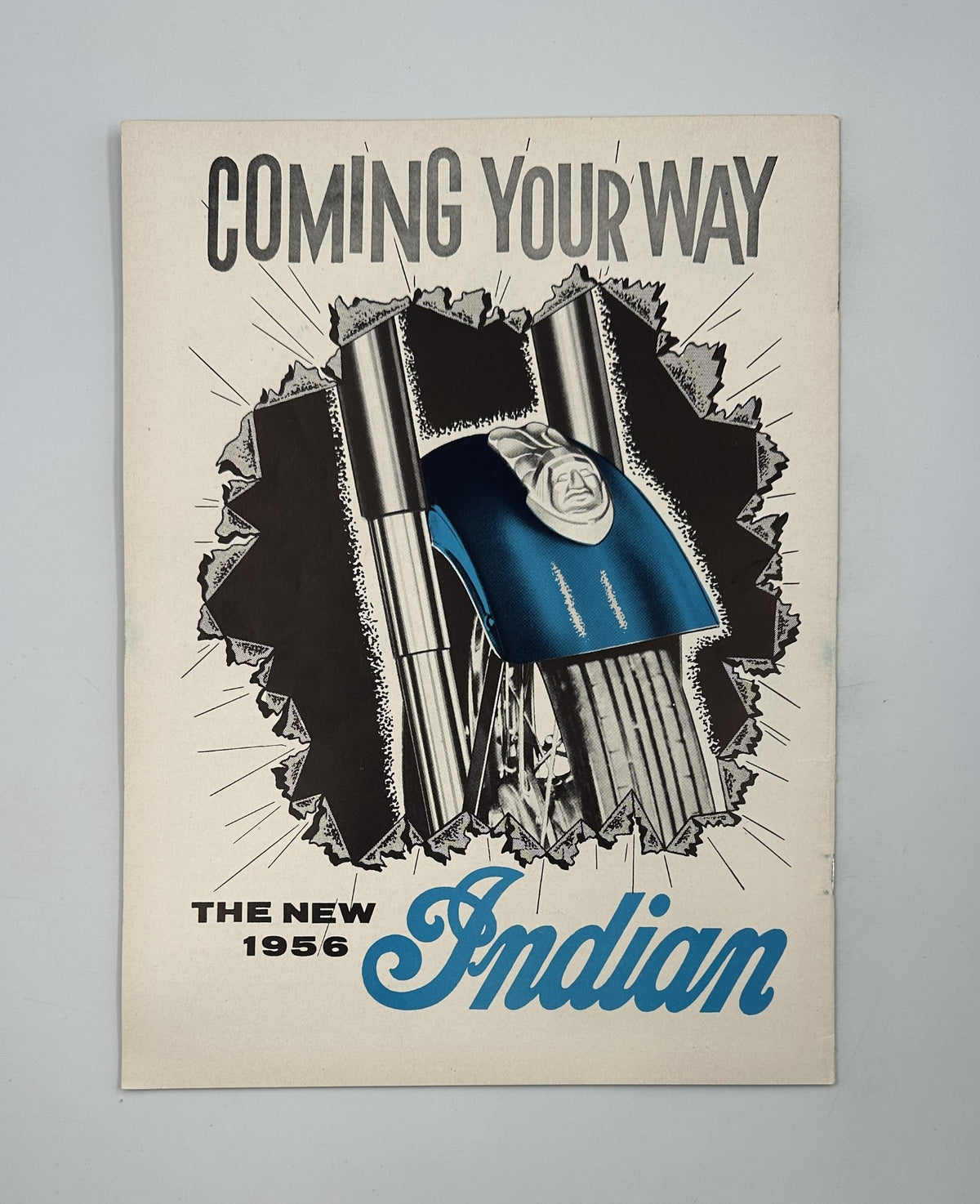 Promotional page in Cycle Magazine January 1956 introducing the new 1956 Indian motorcycle, featuring striking graphics and design.