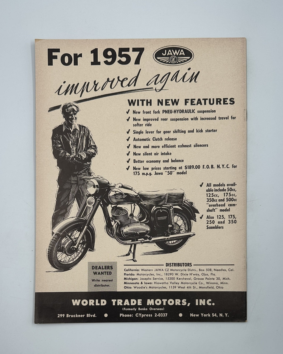 Advertisement from Cycle Magazine June 1957 featuring Jawa motorcycles, promoting improved models with new features and a price listing, as seen in the Special Catalina Issue.