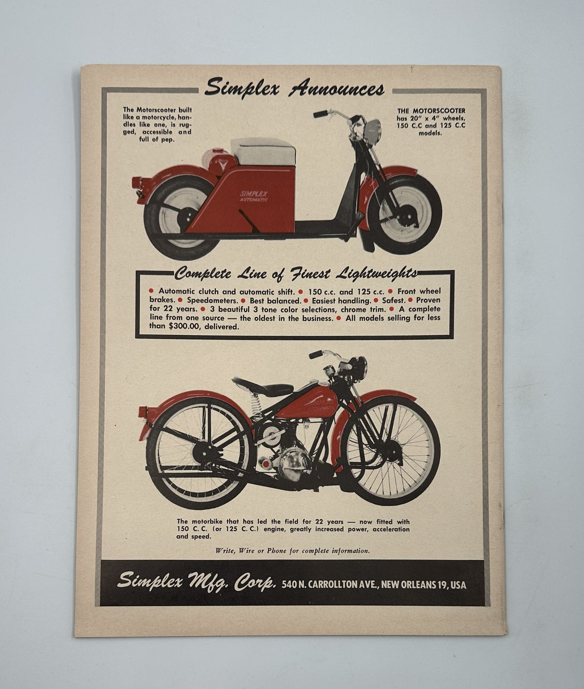 Advertisement page from Cycle Magazine May 1957 for Simplex scooters and lightweight motorcycles, showcasing models with detailed descriptions. Emphasizes the vintage motorcycle market from the era.