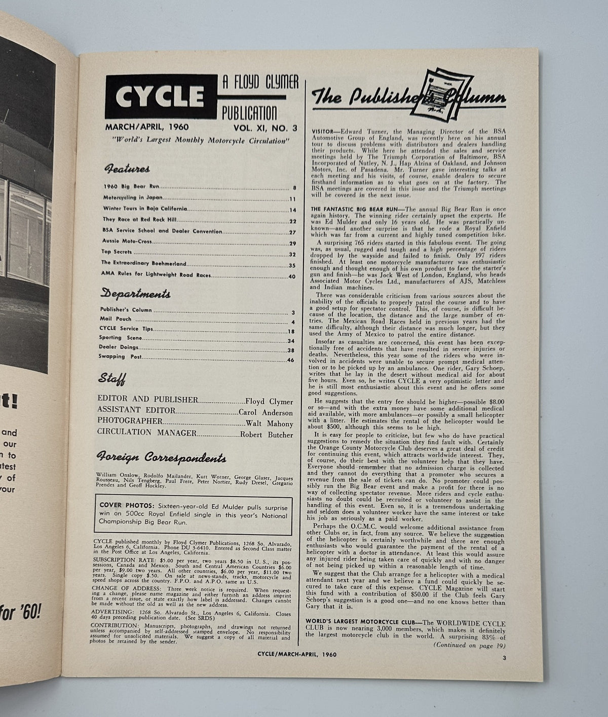 Interior page of Cycle Magazine March April 1960, showcasing the publisher's column and details about contributors, including editor Floyd Clymer. Highlights the magazine's features and content.