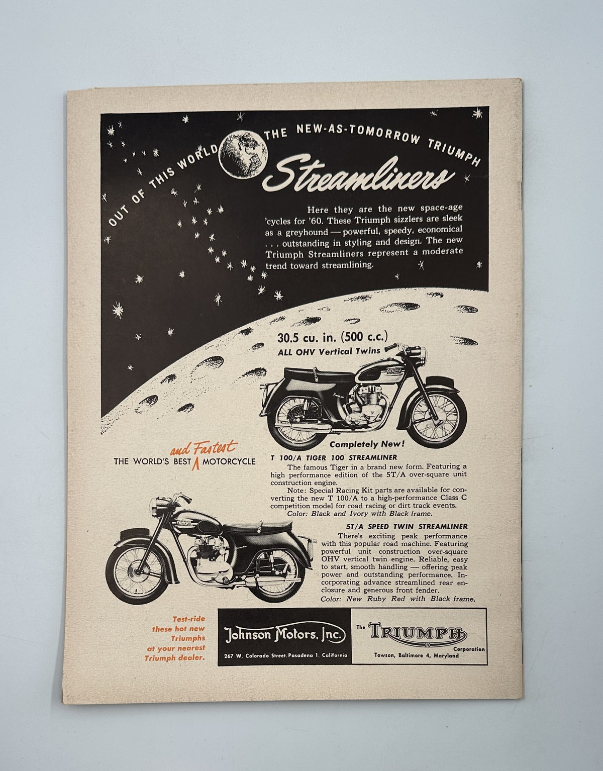 Cycle Magazine March April 1960 edition featuring Ed Mulder's victory at the Big Bear Run, showcasing a Triumph motorcycle advertisement featuring Streamliners, highlighting specifications and promotional details.