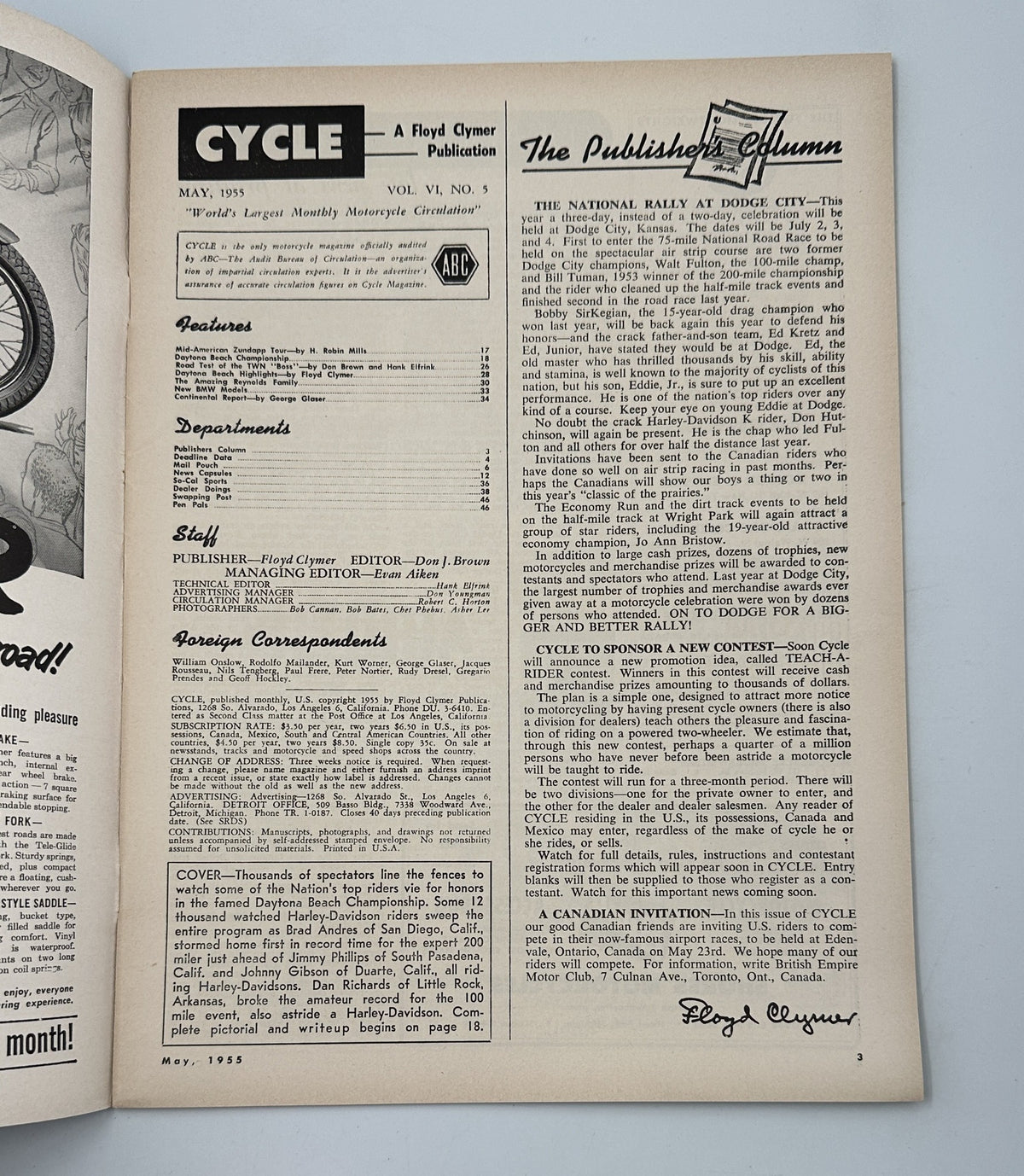 Inside page of Cycle Magazine, May 1955. This page includes the publisher's column and details about features and staff, providing insight into the magazine's structure and offerings.