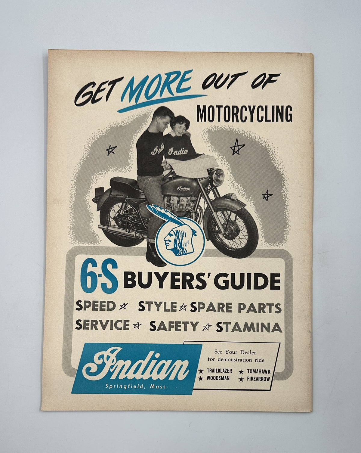 Advertisement for Indian motorcycles featured in Cycle Magazine, May 1955. The ad promotes the 6-S Buyers' Guide, emphasizing speed, style, spare parts, service, and safety.