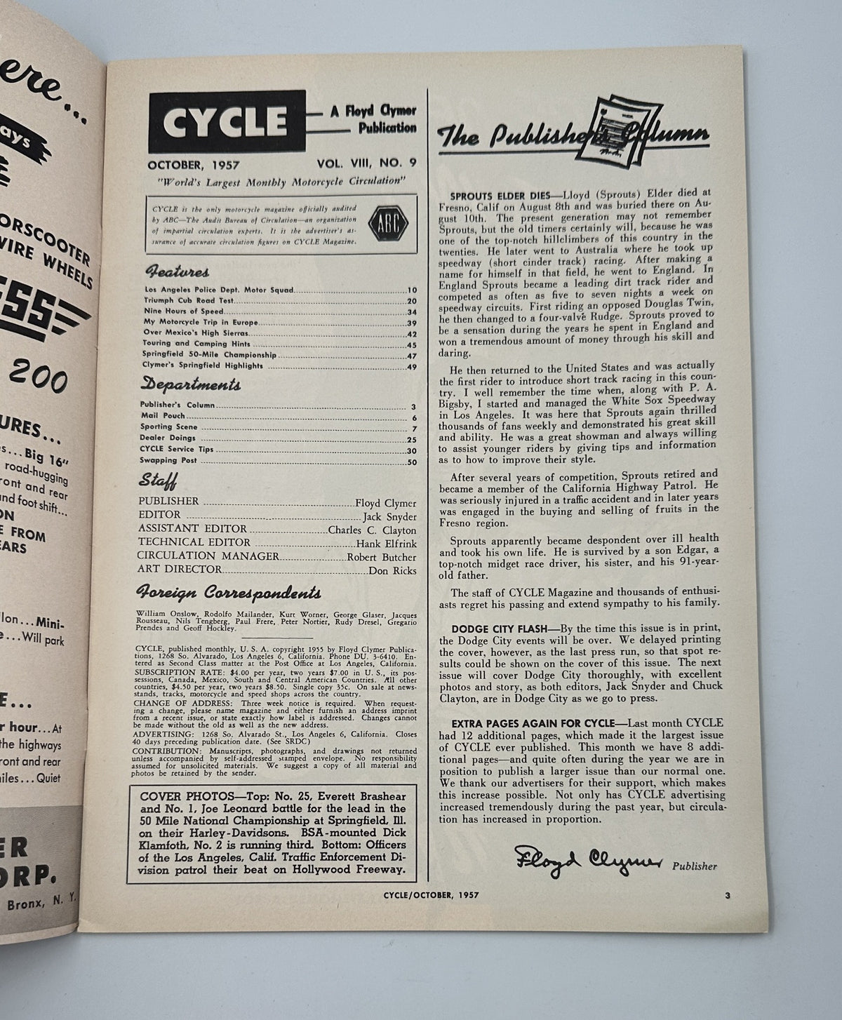 Interior page of Cycle Magazine October 1957 showing the Publisher's column, publisher information, and editorial staff including Floyd Clymer and Jack Snyder.