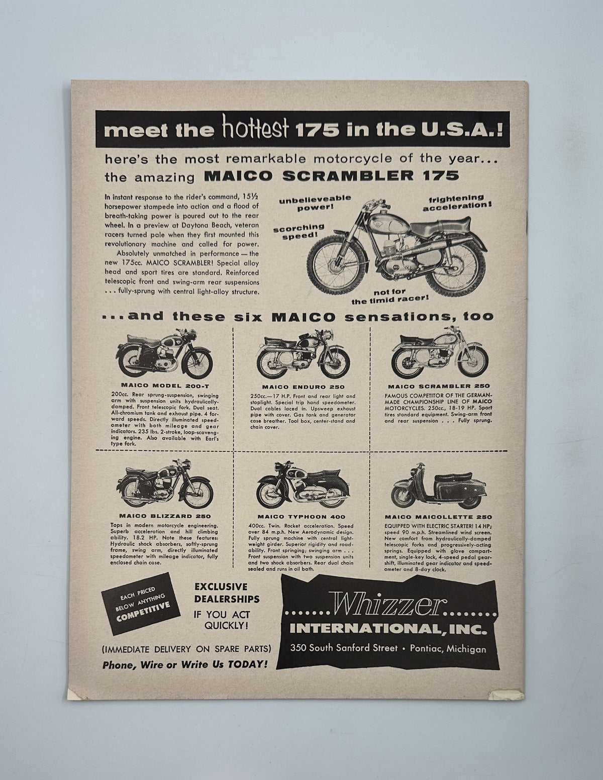 Advertisement page in Cycle Magazine October 1957 promoting the Maico Scrambler 175 and other Maico motorcycle models, highlighting their features and performance.