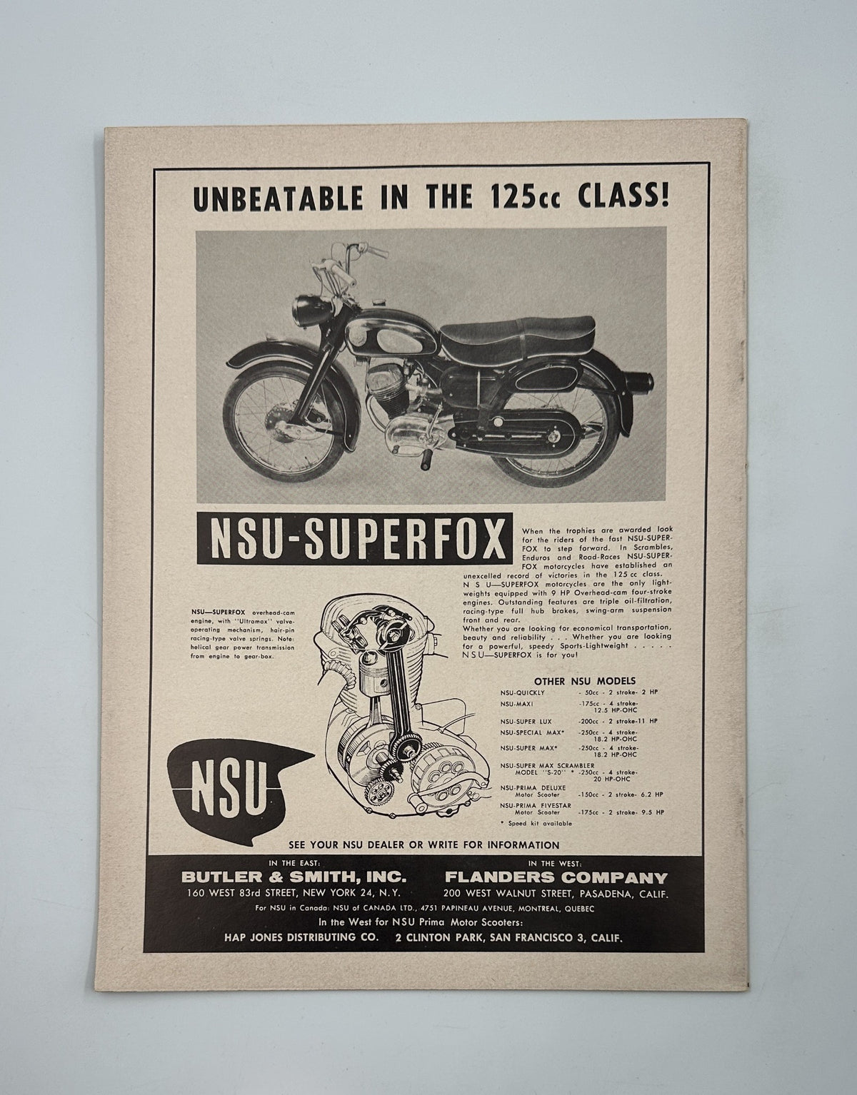 Advertisement for NSU-Superfox motorcycle featured in Cycle Magazine May 1958, highlighting its features as unbeatable in the 125cc class.