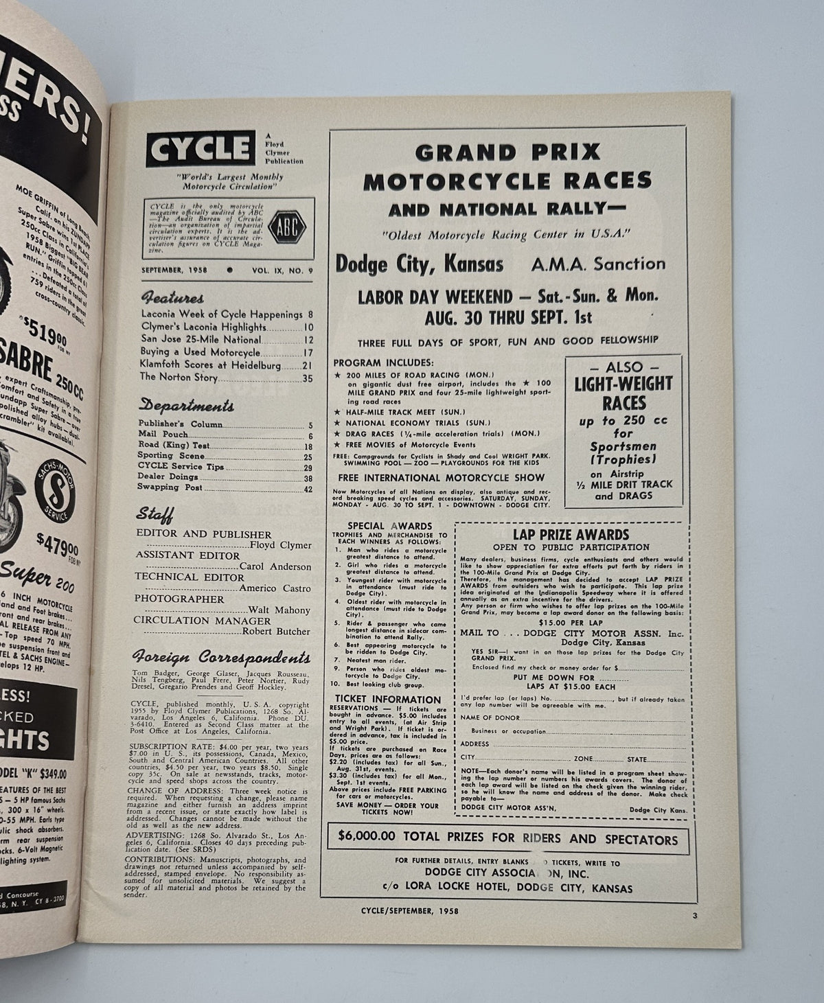 Inside page of Cycle Magazine September 1958 displaying information about Grand Prix Motorcycle Races and the title "Cycle Magazine September 1958 Laconia San Jose Norton Cushman Road Test VG".
