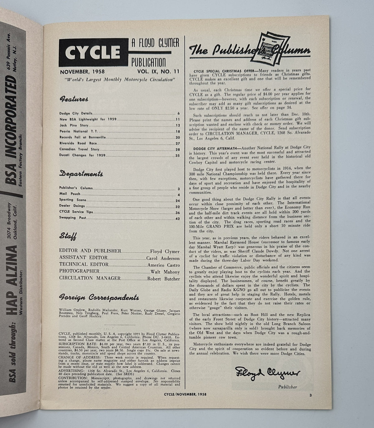 Cycle Magazine November 1958 featuring the Table of Contents, articles about Dodge City, BSA Lightweight for 1959, Jack Pine Story, Peoria National T.T., Bonneville records, and more. Published by Floyd Clymer.