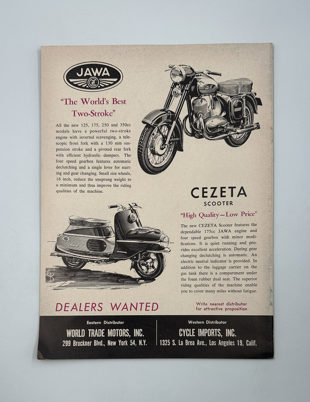 Cycle Magazine November 1958 advertisement for Jawa two-stroke motorcycles and Cezeta scooters, promoting their quality and features. Part of a vintage motorcycle magazine collection.