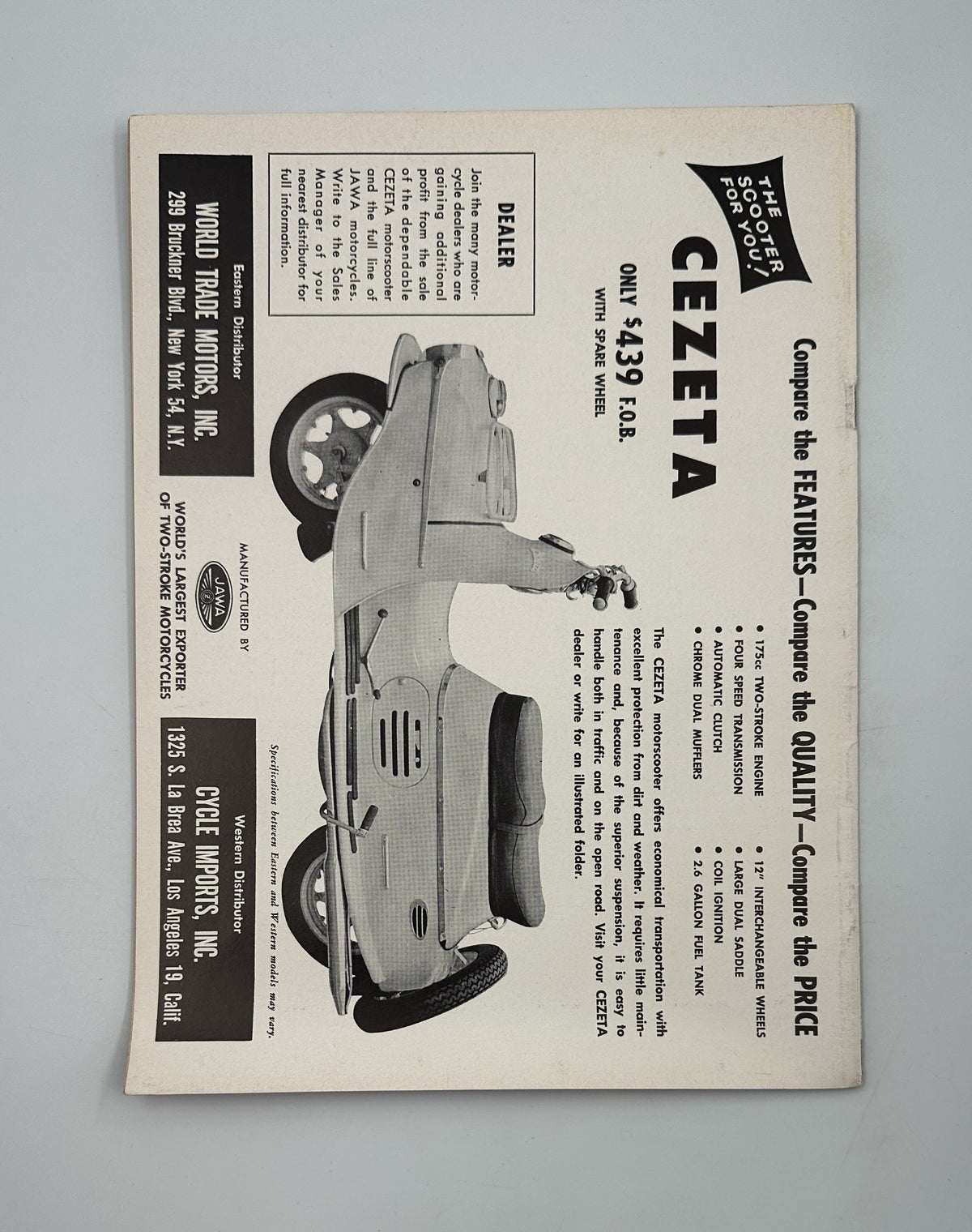 Advertisement page from Cycle Magazine April 1959 for Cezeta, illustrating the scooter model and showcasing its features with pricing details, part of the publication's focus on motorcycle culture.