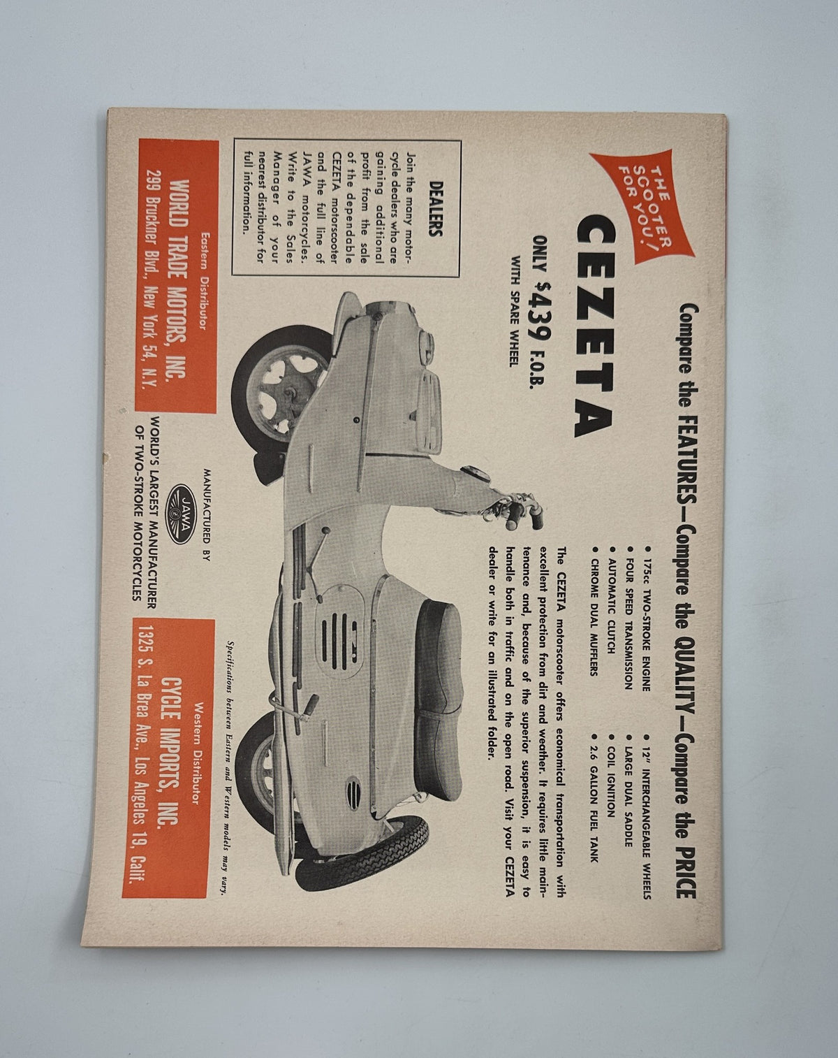Cycle Magazine June 1959 advertisement for Cezeta scooters highlighting features, quality, and pricing.