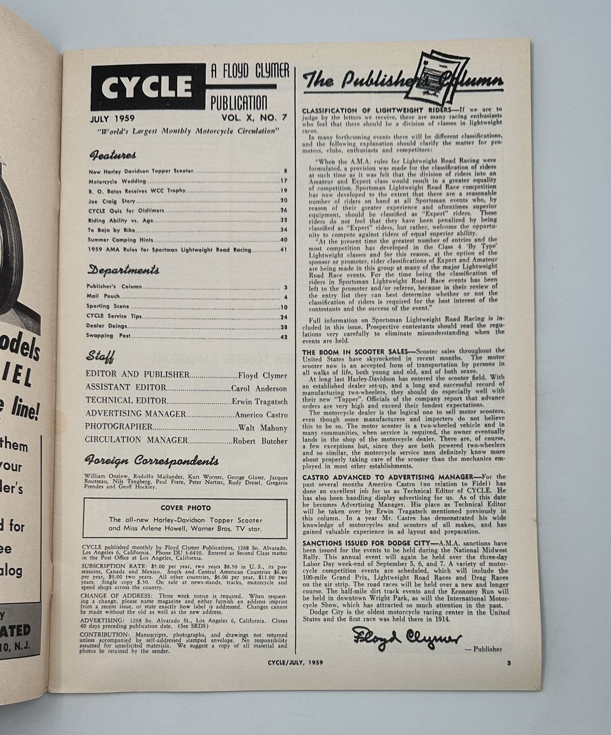 Interior page of Cycle Magazine July 1959, titled 'The Publisher's Column', discussing motorcycle industry insights and featuring editorial details.