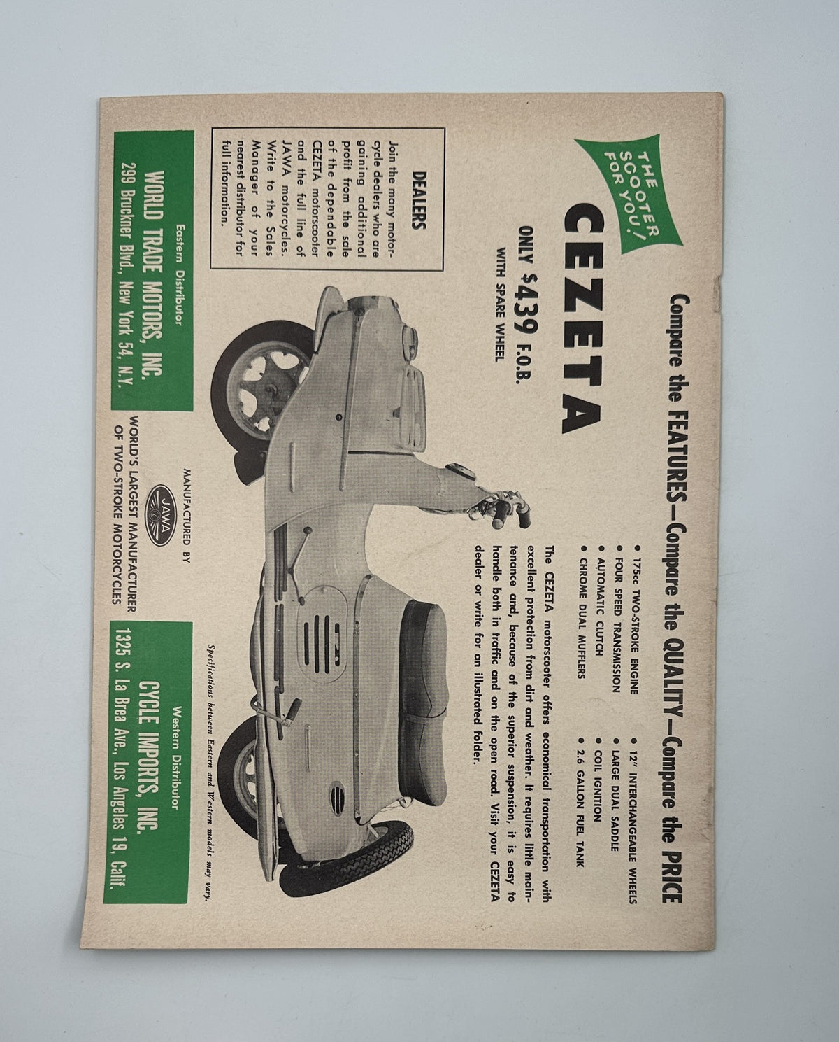 Cezeta Scooter advertisement from Cycle Magazine July 1959 featuring details about the scooter's features, quality, and price, in relation to Harley Topper Scooter Joe Craig A.M.A. Racing. The magazine is in very good condition with light edge wear.