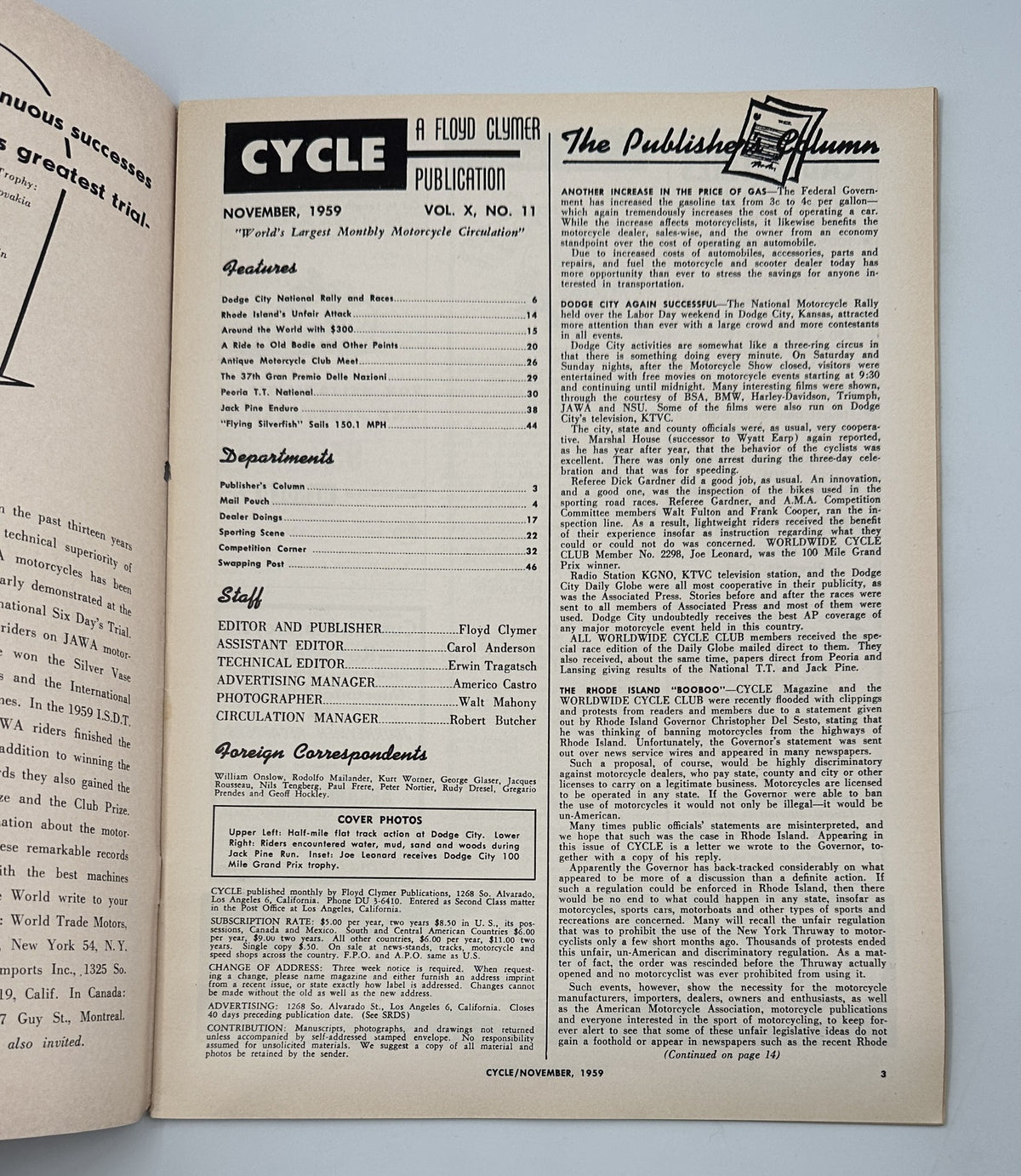Inside page of Cycle Magazine from November 1959, detailing the publisher's column and editorial information, continuing the special Dodge City theme.