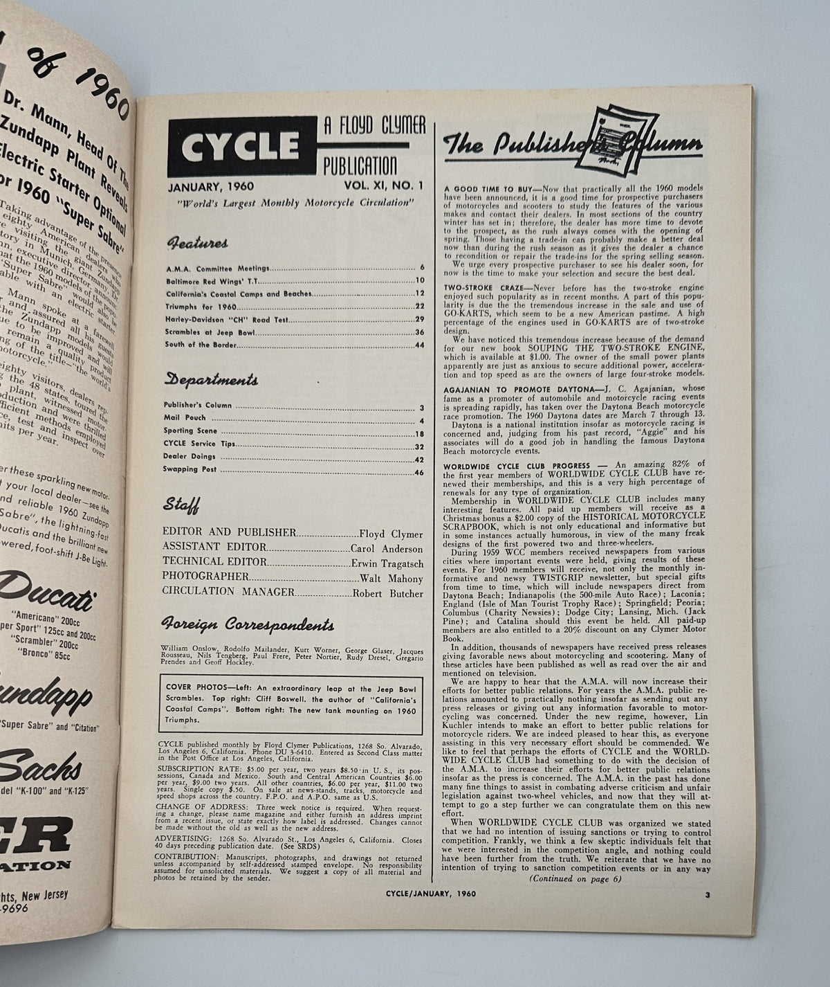 Cycle Magazine January 1960 front page featuring A.M.A. Committee Meetings and various motorcycle articles including Harley-Davidson CH and Triumph.
