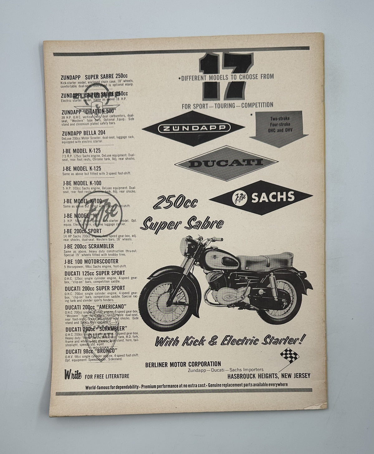 Advertisement page from Cycle Magazine November 1960 featuring various models of Zundapp and Sachs motorcycles, promoting the 250cc Super Sabre.