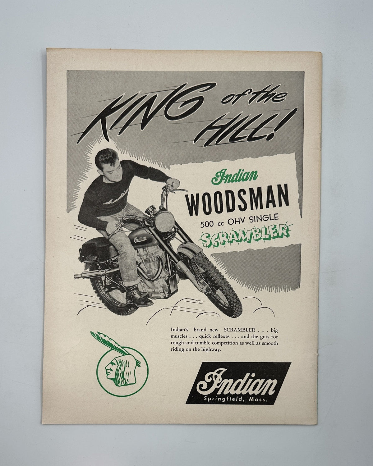 Cycle Magazine March 1955 advertisement for Indian Woodsman 500 cc OHV Single Scrambler, promoting its capabilities for smooth riding on the highway.