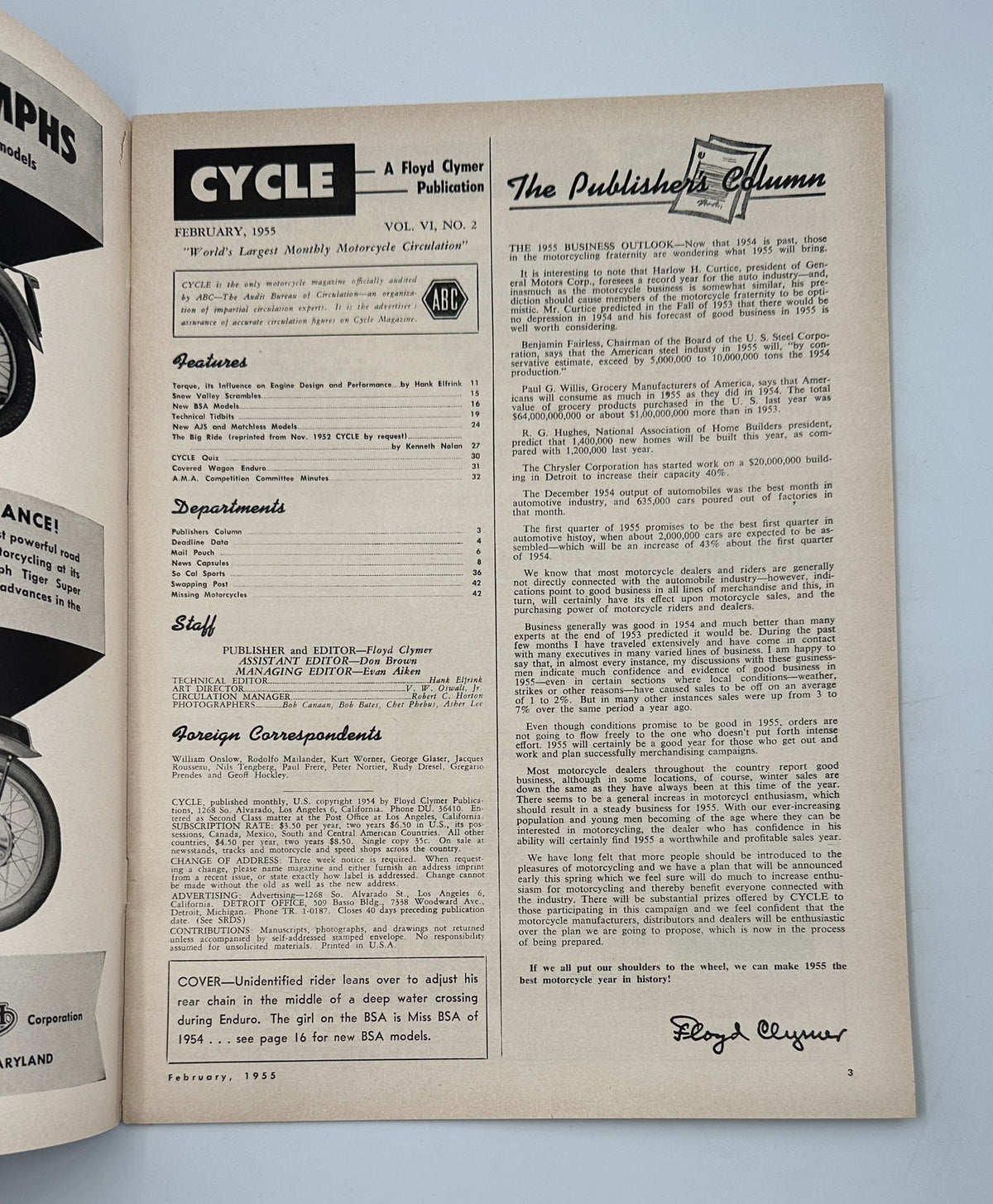 Cycle Magazine February 1955 featuring the Publishers Album and highlights on motorcycle features and departments, referencing BSA Matchless models.