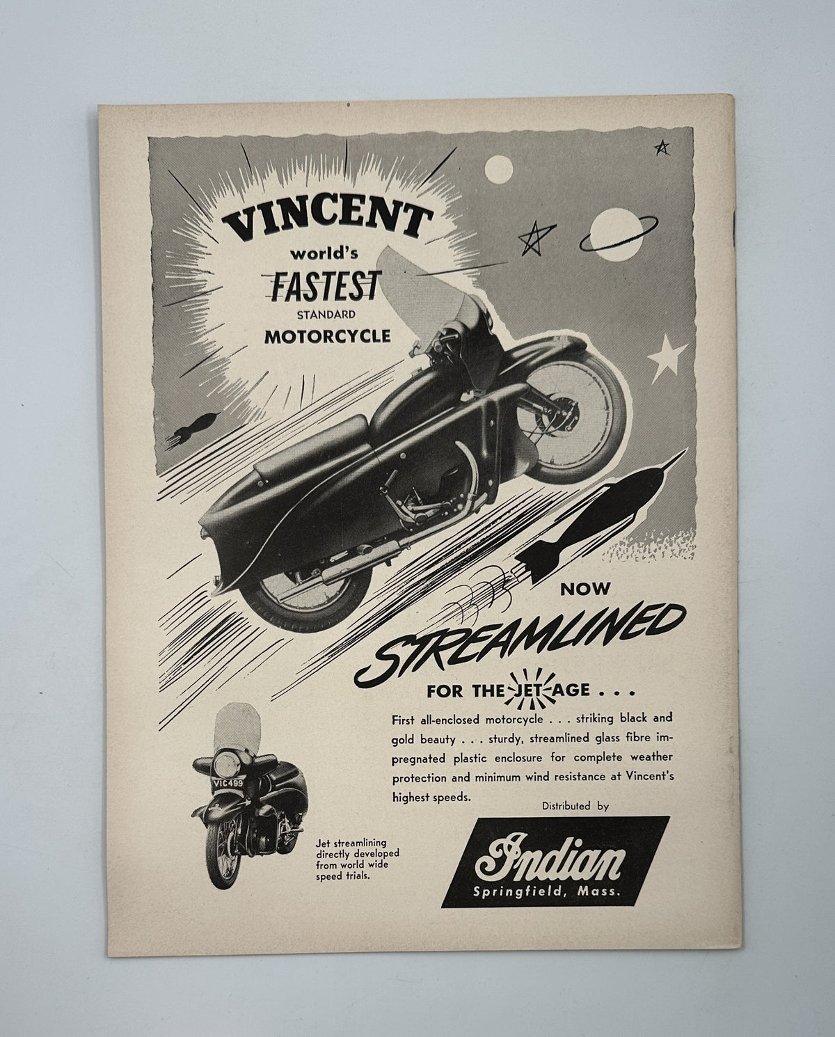 Cycle Magazine February 1955 ad showcasing the Vincent motorcycle as the world's fastest standard motorcycle, emphasizing its streamlined design.