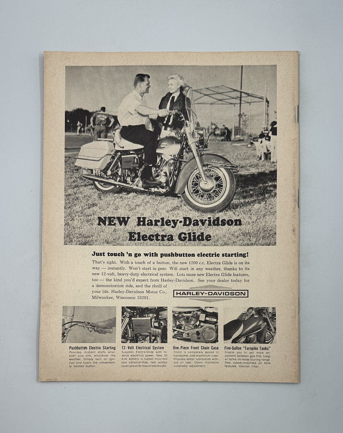 Advertisement for the new Harley-Davidson Electra Glide in Cycle Magazine October 1964, emphasizing its electric starting feature.