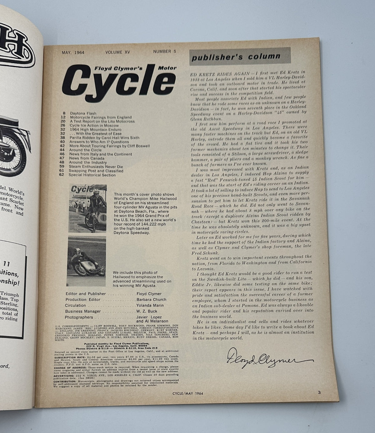 Publisher's column from Cycle Magazine May 1964, discussing motorcycle topics with a signature from the editor.