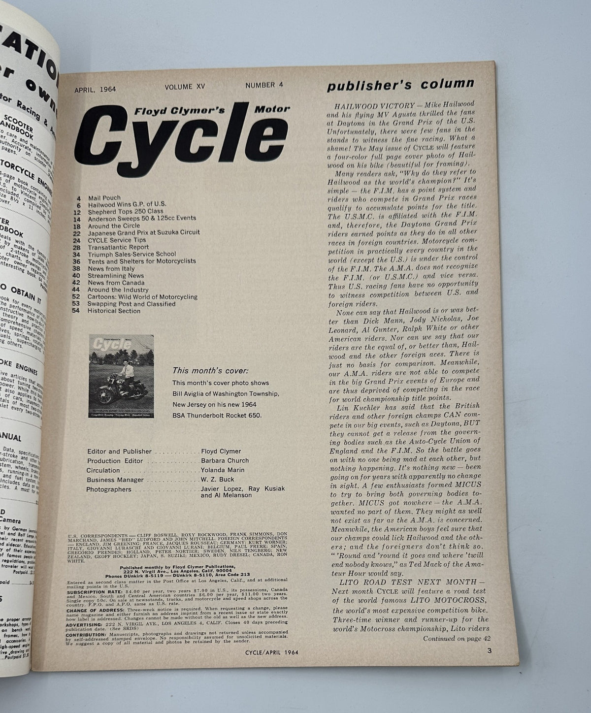 Inside page of Cycle Magazine April 1964 featuring publisher's column, discussing Mike Hailwood's victory and BSA Thunderbolt motorcycle. Relevant for motorcycle enthusiasts and collectors.