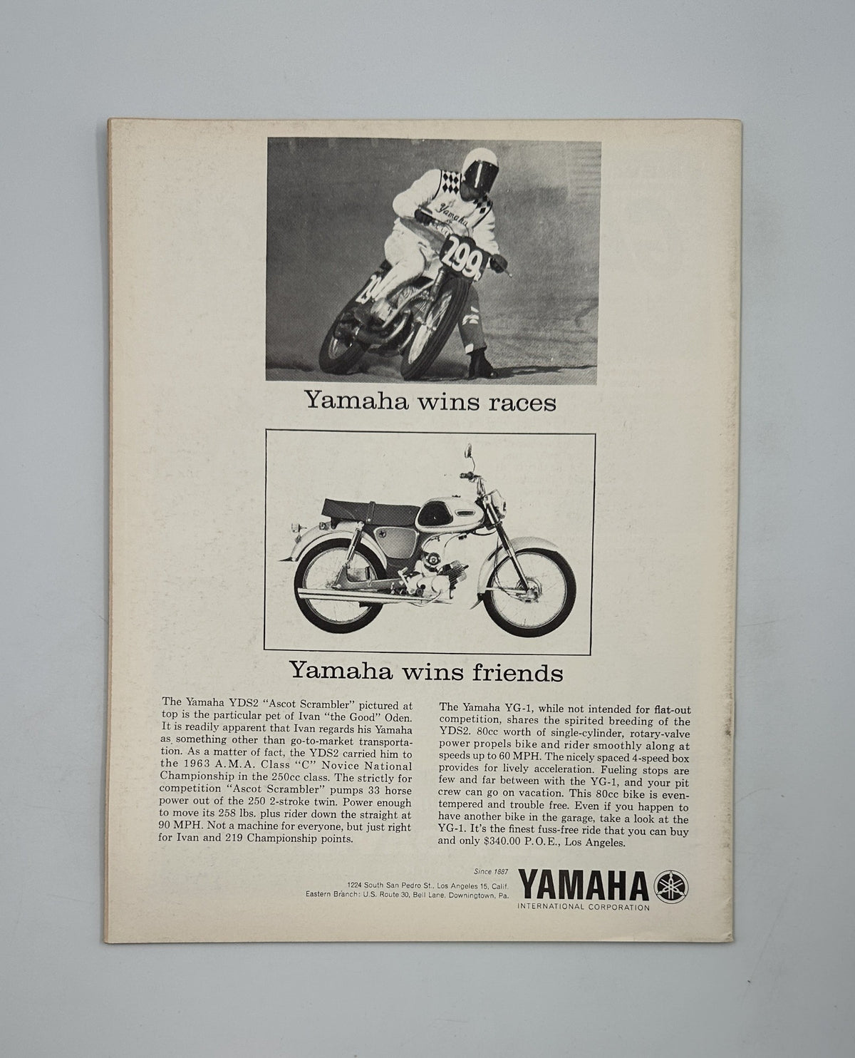 Back cover of Cycle Magazine April 1964 showcasing Yamaha motorcycle advertisement with images of racing and Yamaha wins. Ideal for fans of vintage motorcycles and Yamaha collectors.
