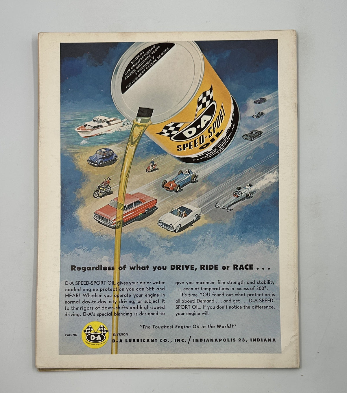 Back cover of Cycle Magazine March 1964, advertising D-A Speed-Sport motor oil with an illustration of cars and motorcycles, emphasizing performance and engine stability.