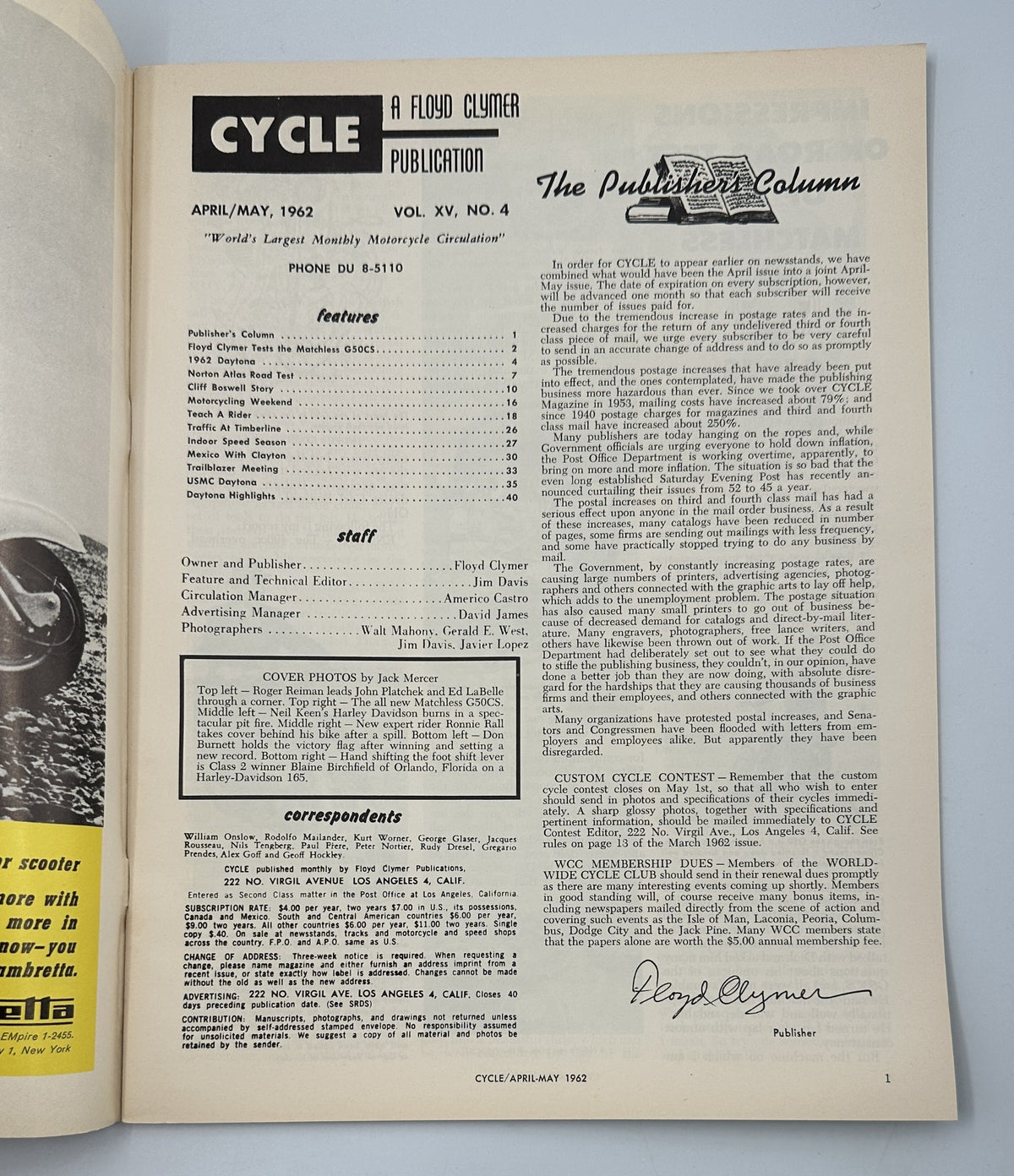 Cycle Magazine April 1962 Special Daytona Issue featuring the Publisher's Column with a signature, showcasing the earliest motorcycle magazine content.