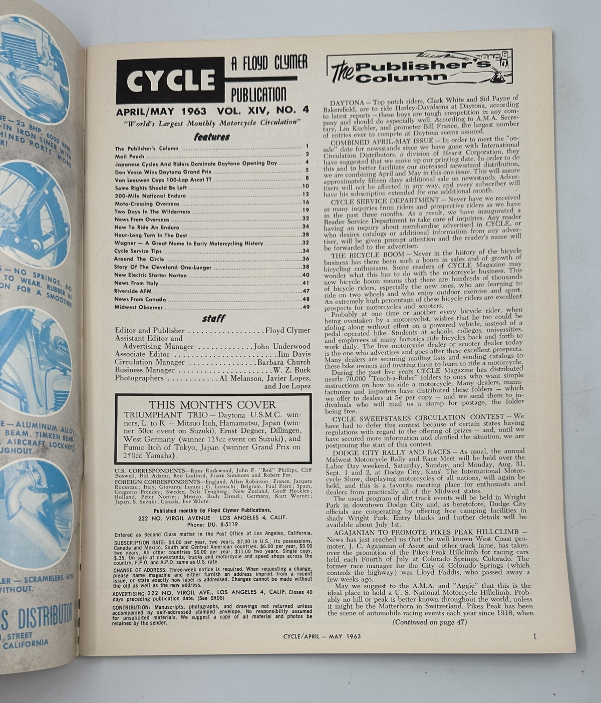 Cycle Magazine April May 1963 interior page featuring The Publisher's Column with a table of contents detailing articles about motorcycle racing and events.