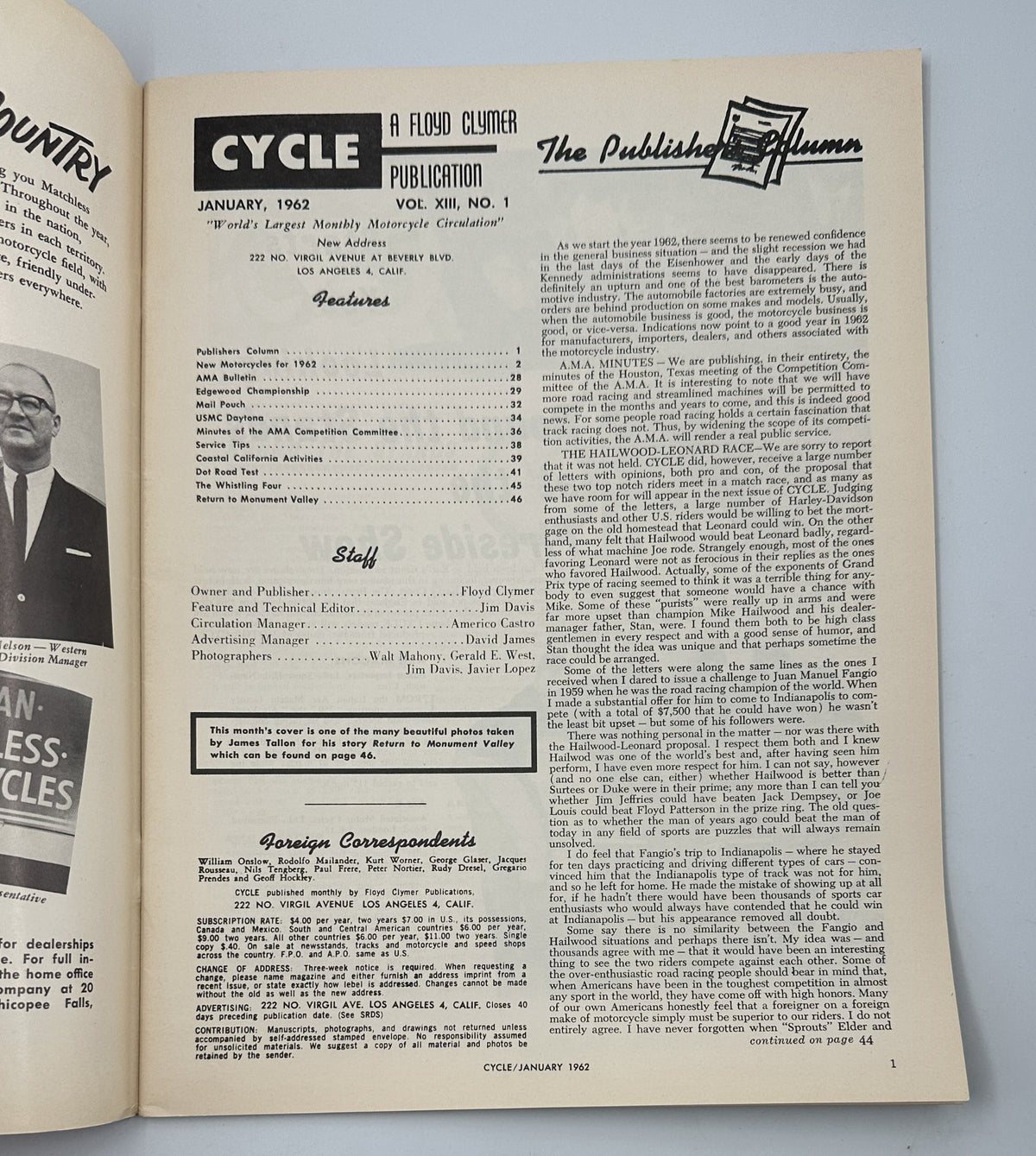 Inside view of Cycle Magazine January 1962, includes a publication overview with staff details, emphasizing the magazine's role as a leading motorcycle periodical.