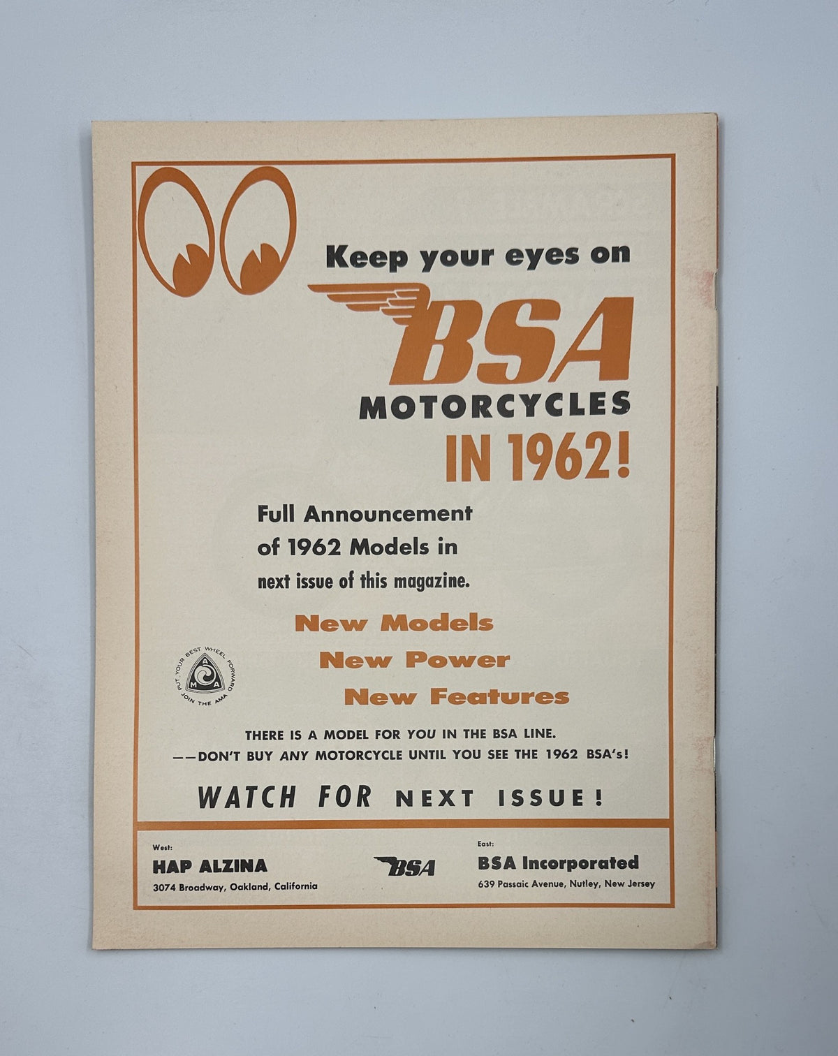 Promotional page for BSA motorcycles featured in Cycle Magazine January 1962 Motorcycle Show Issue, highlighting new models, power, and features.