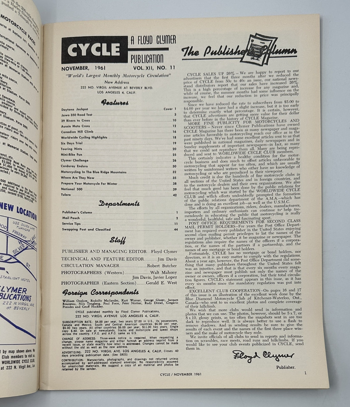 Cycle Magazine November 1961 featuring the Table of Contents and highlight stories including 'Daytona Jackpot' and 'Jawa 350 Road Test'. A vintage motorcycle publication in very good condition.