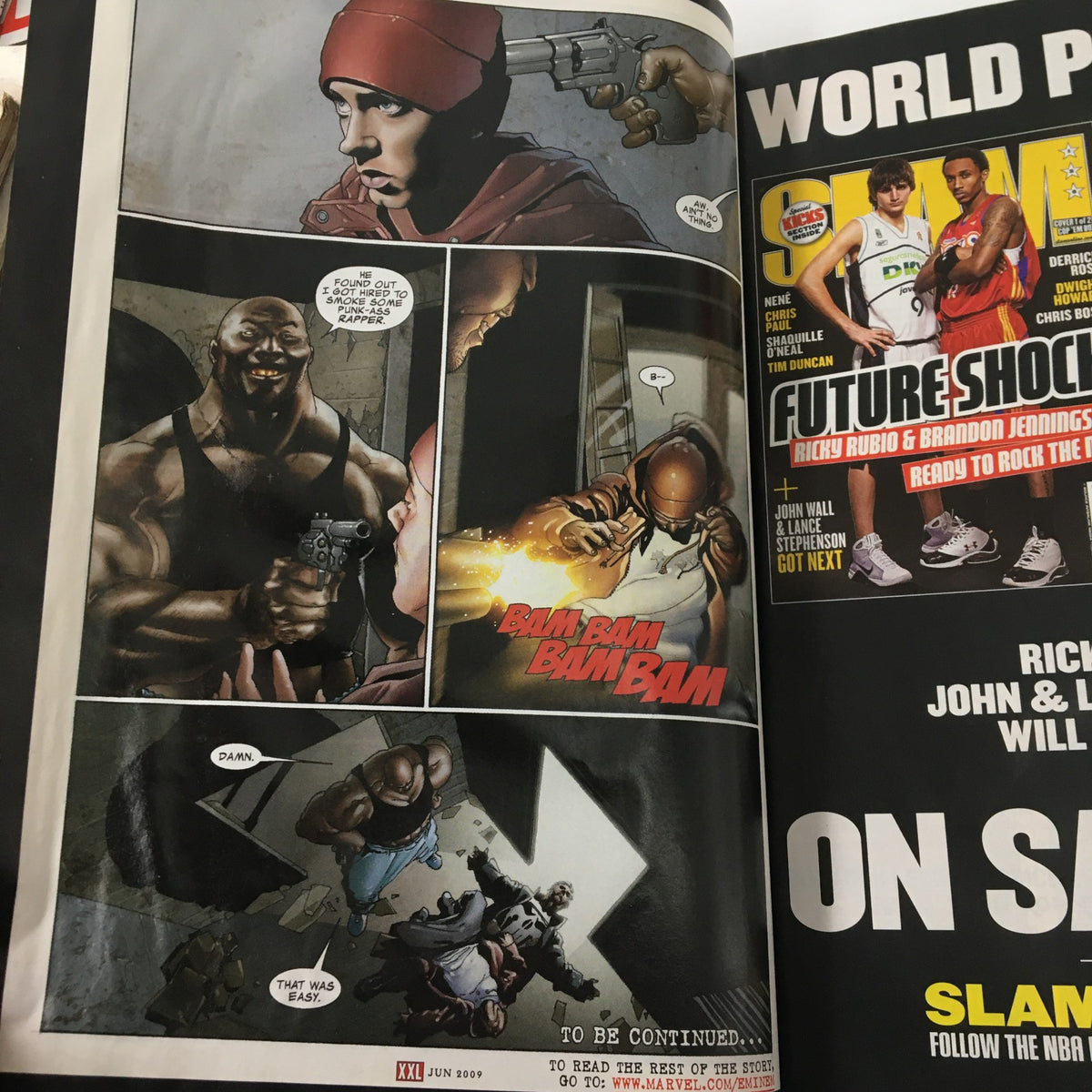 Comic panel from XXL Magazine June 2009 featuring Eminem and action sequences, emphasizing story progression.