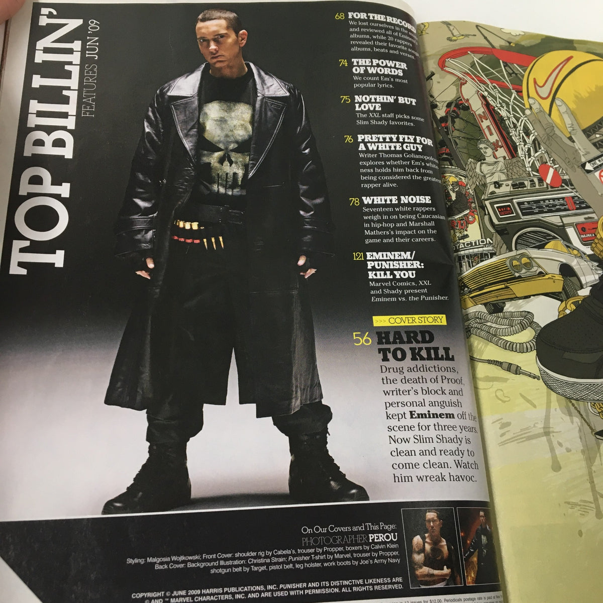 Feature page in XXL Magazine June 2009 highlighting Eminem with artwork and captions related to the comic storyline.