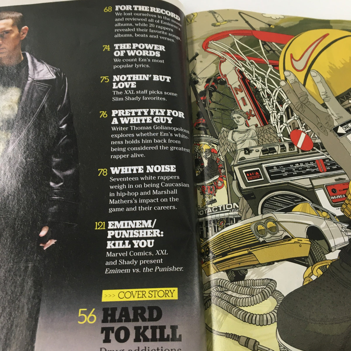 Inside page of XXL Magazine June 2009 highlighting the cover story 'Vengeance is Eminem and The Punisher' featuring content on Eminem and The Punisher comic.