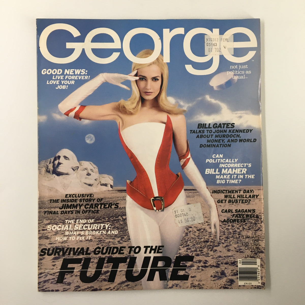 George Magazine February 1997 cover featuring supermodel Karen Mulder in a stylish outfit, with Bill Gates' interview on the side, alongside references to Jimmy Carter's final days in office and notable cultural topics of the 1990s. The cover highlights the blend of fashion and politics, showcasing the magazine's unique perspective during that era.